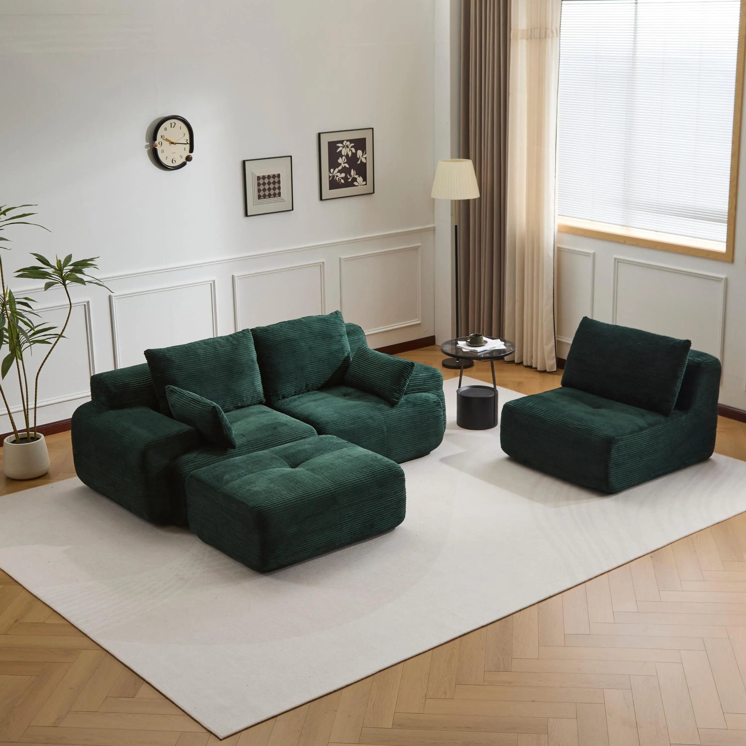 Luxury Green L-Shaped Corduroy Sofa - 3-Seater Modular Sectional Couch