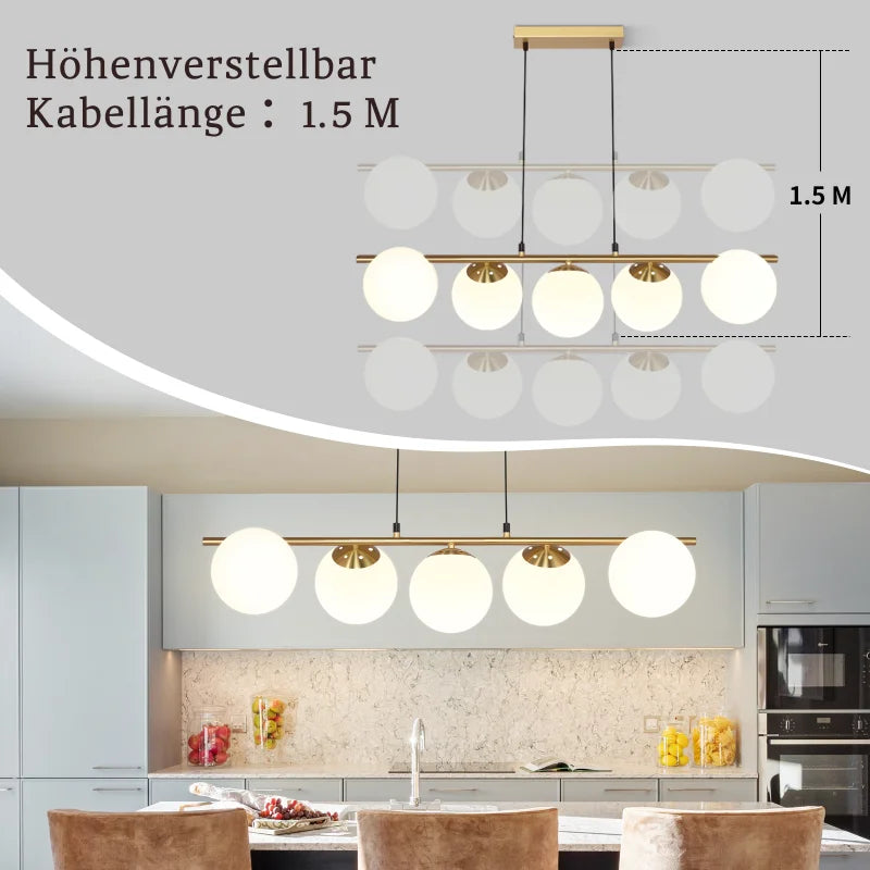 5-Flame Glass Ball Pendant Light – Adjustable Height | Black or Gold