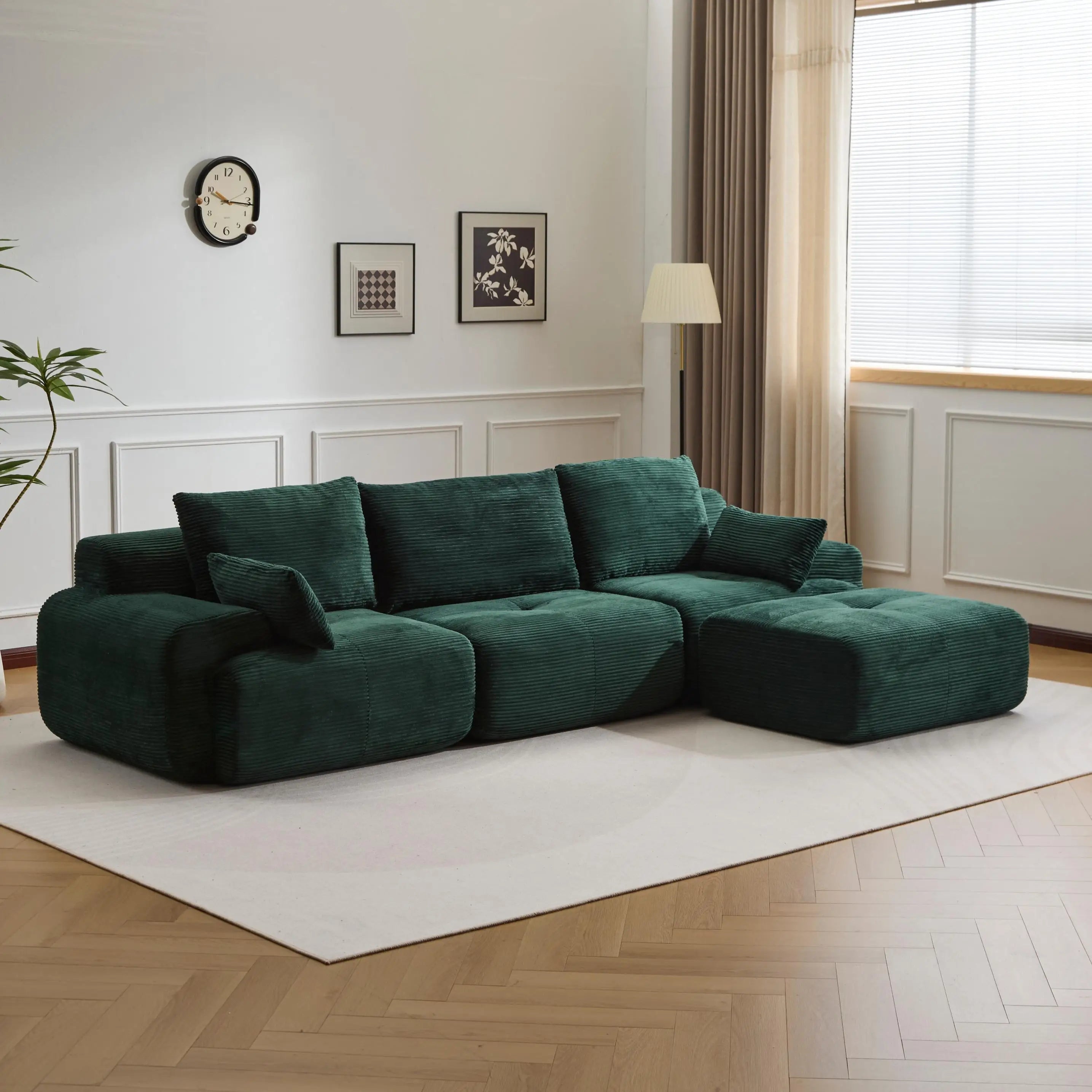 Luxe groene L-vormige corduroy bank - modulaire 3-zits hoekbank