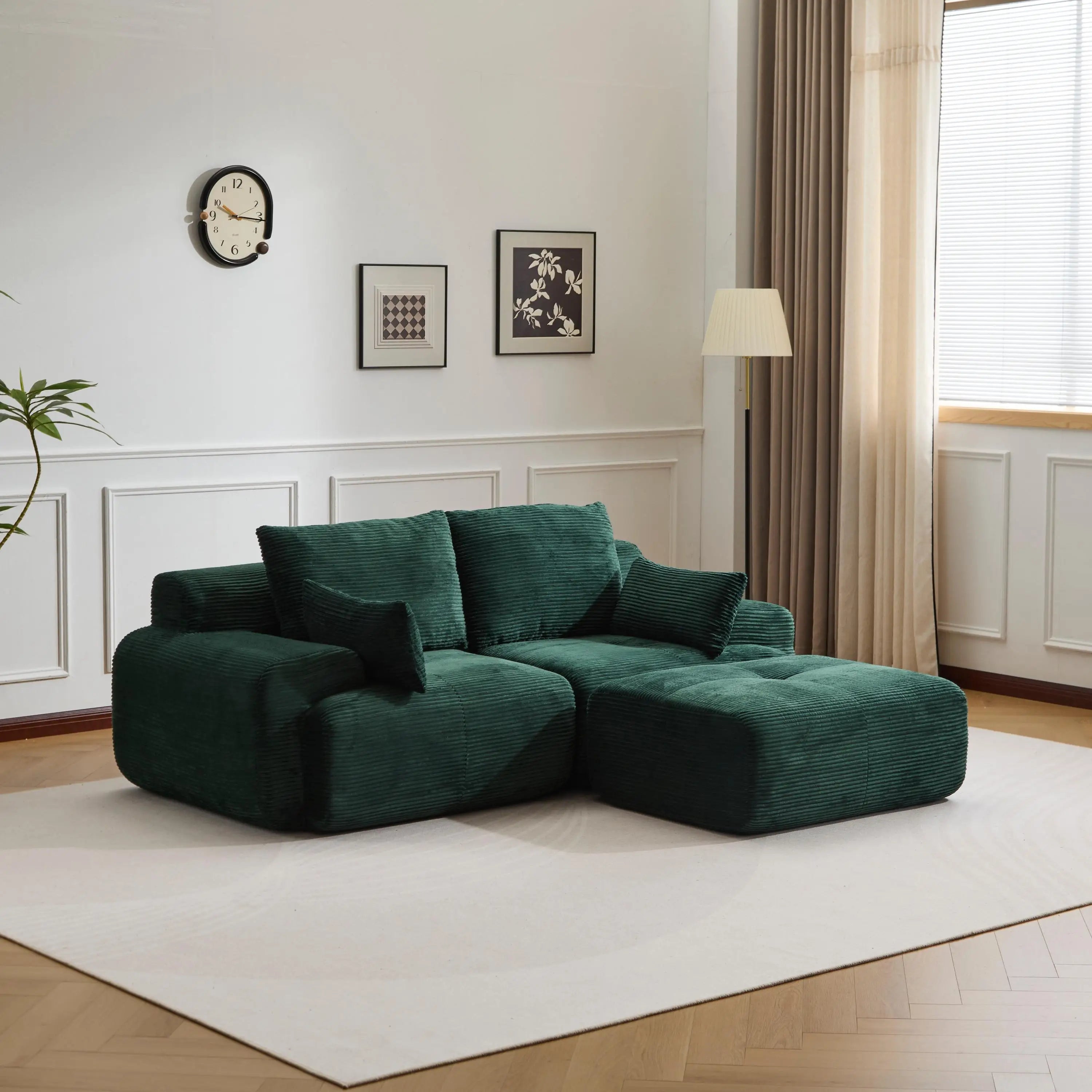 Luxury Green L-Shaped Corduroy Sofa - 3-Seater Modular Sectional Couch