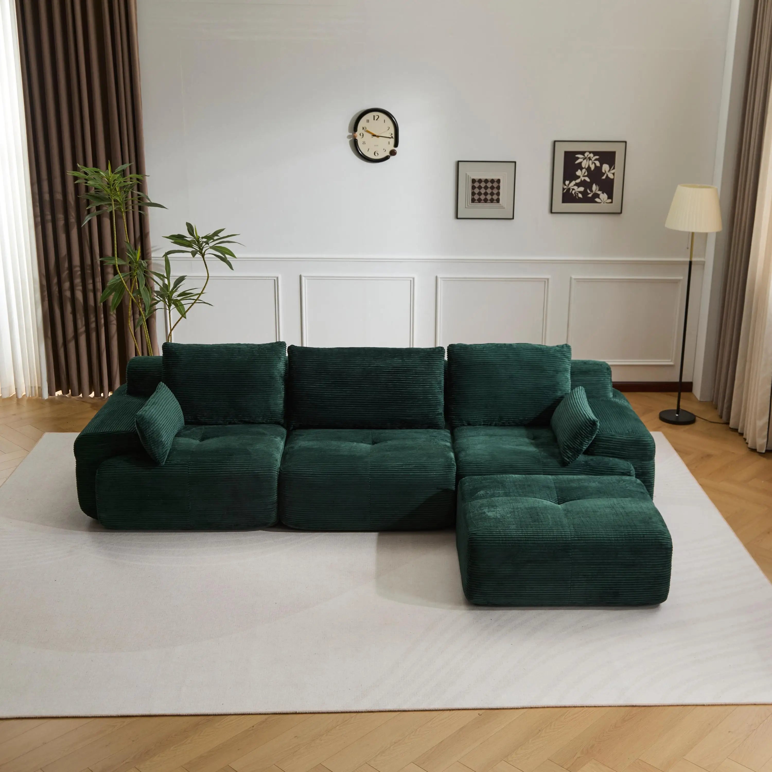 Luxury Green L-Shaped Corduroy Sofa - 3-Seater Modular Sectional Couch