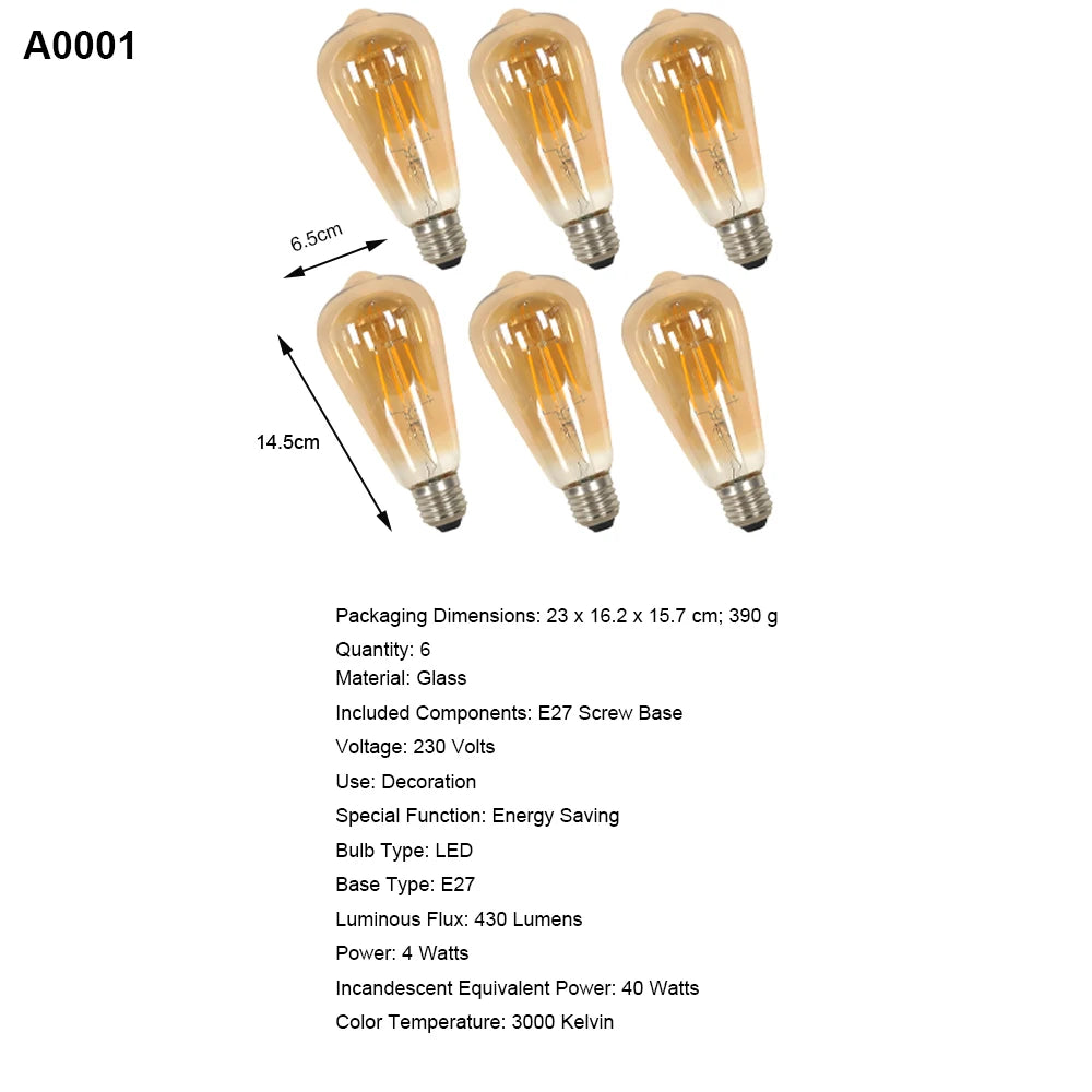 E27 LED Edison-lamp 4W Vintage Retro Filamentlamp ST64 Amberkleurig glas Warm wit 3000K 430LM Energiebesparende decoratieve lamp met antieke schroefvoet