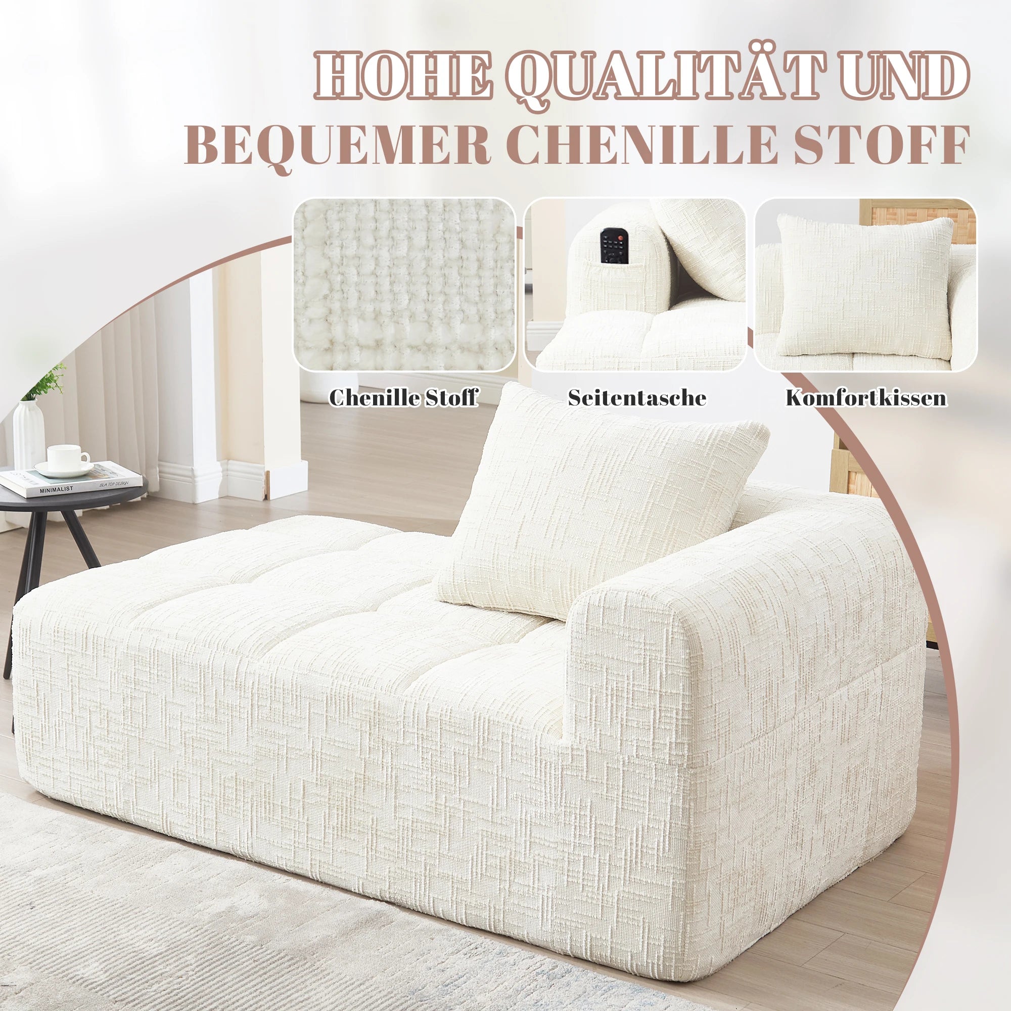 Luxe beige chenille chaise longue bank - 2-zits met opbergvakken