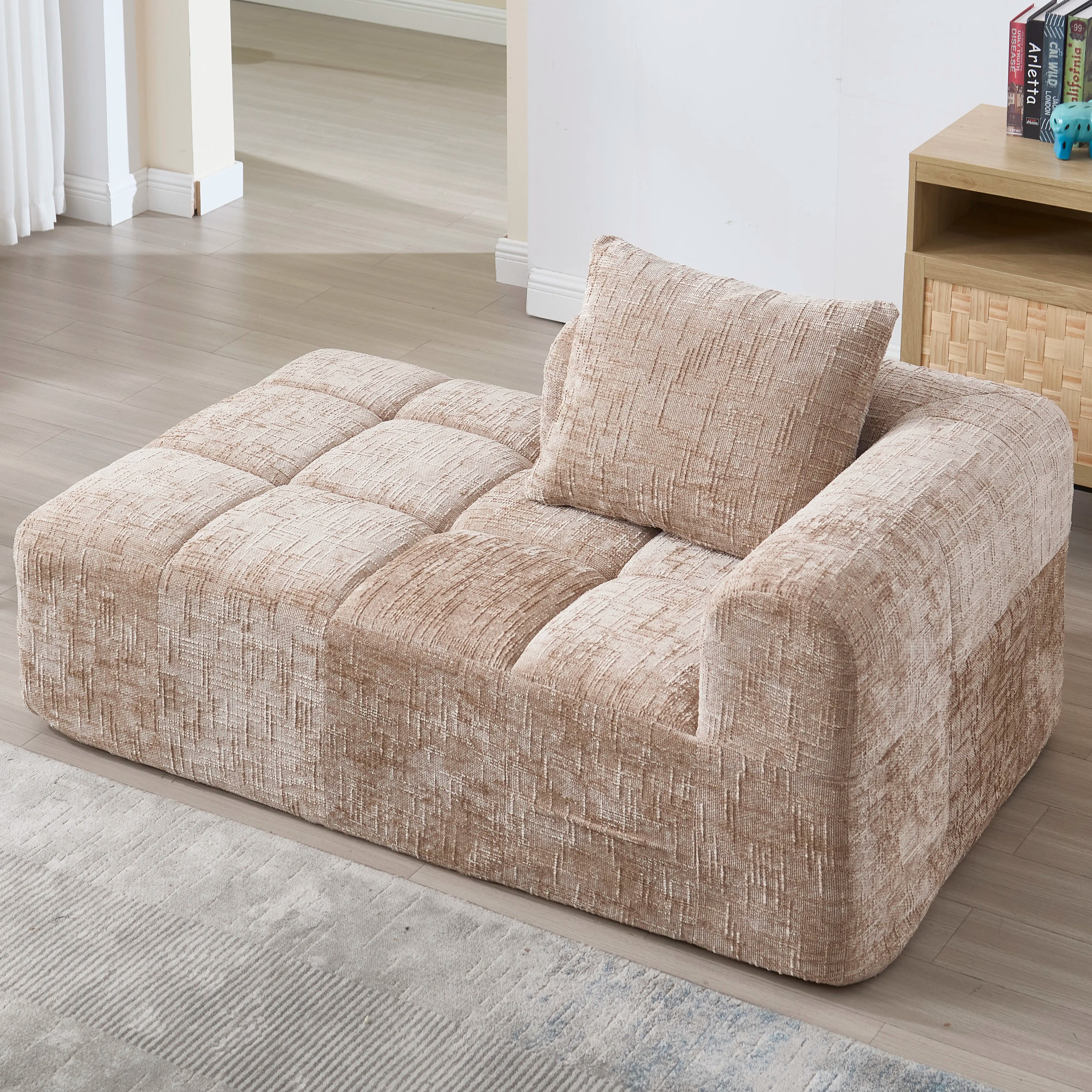 Luxe beige chenille chaise longue bank - 2-zits met opbergvakken