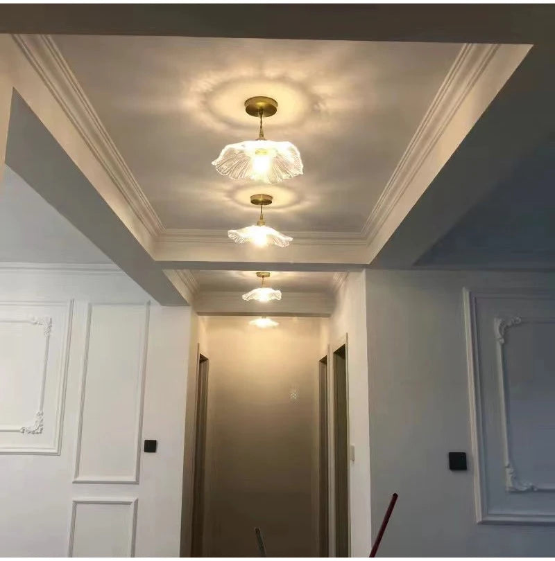 Bloemen glazen hanglamp - koperen plafondkroonluchter