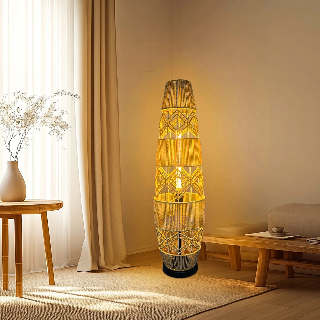 Boho rotan vloerlamp, handgeweven met LED-lichtbalk - leeslamp voor in de hoek