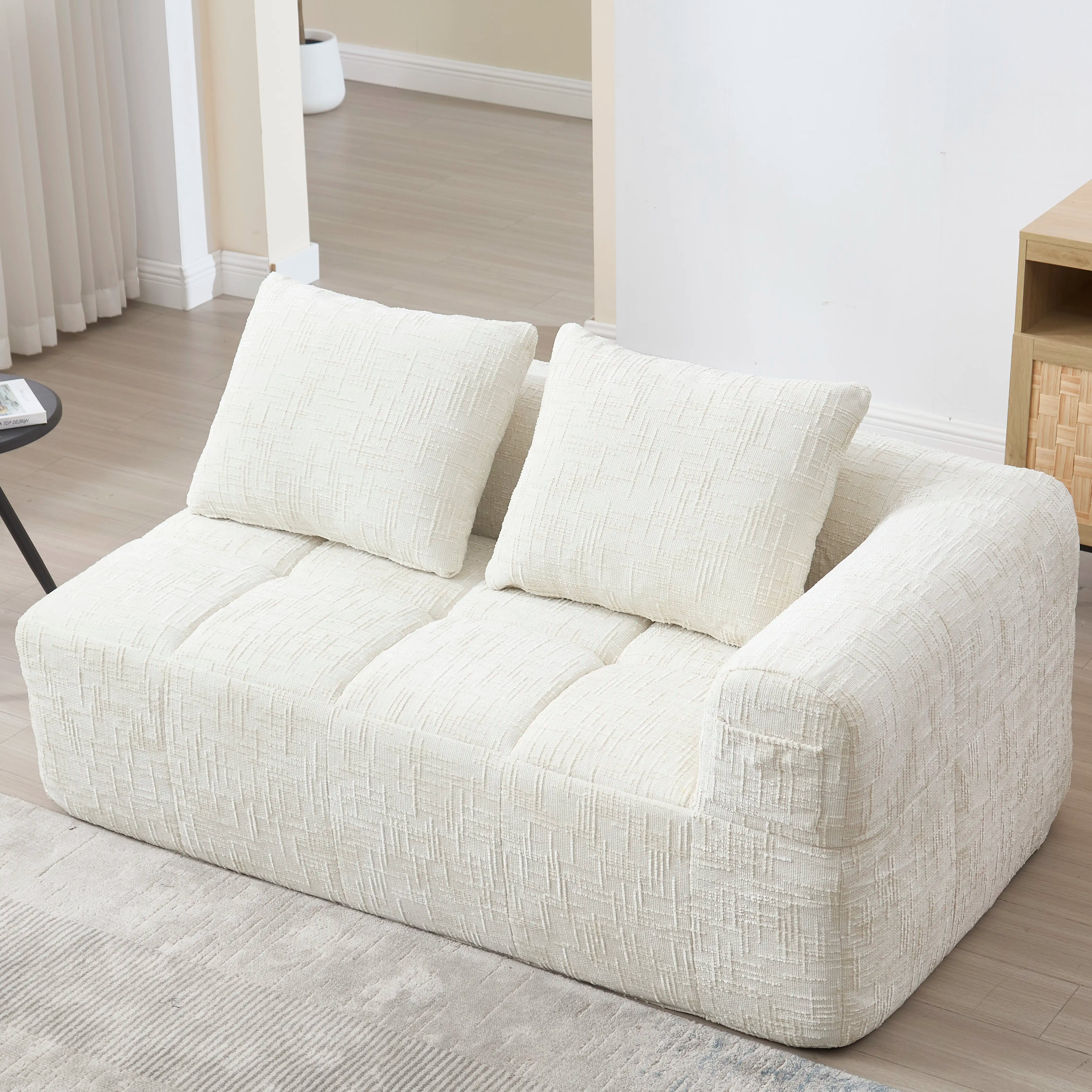 Luxe beige chenille chaise longue bank - 2-zits met opbergvakken