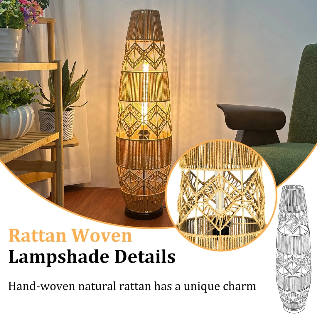 Boho rotan vloerlamp, handgeweven met LED-lichtbalk - leeslamp voor in de hoek