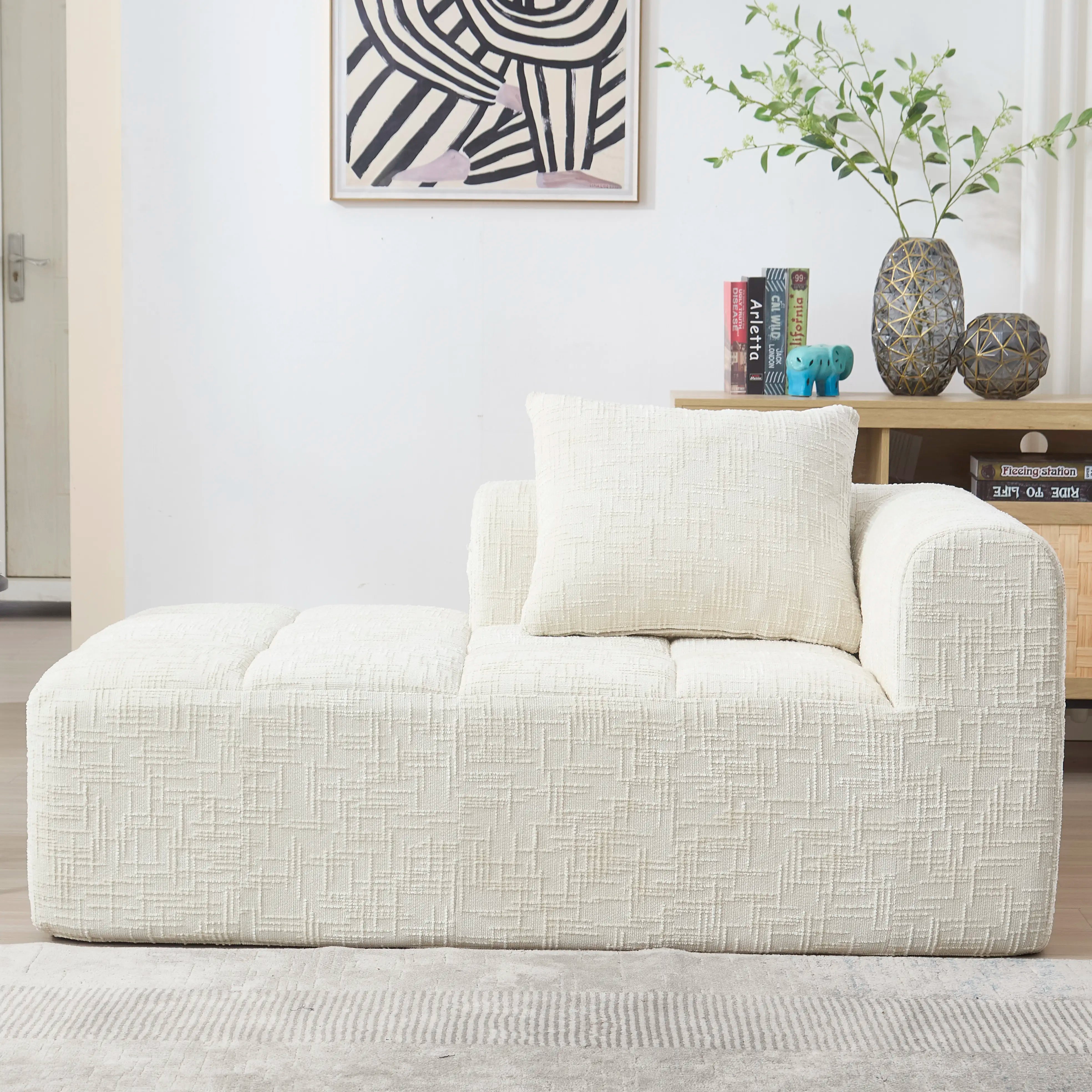Luxe beige chenille chaise longue bank - 2-zits met opbergvakken