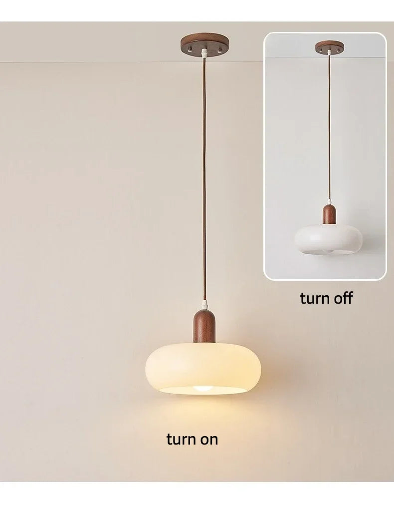 Melkglazen LED Hanglamp met Houten Pendel