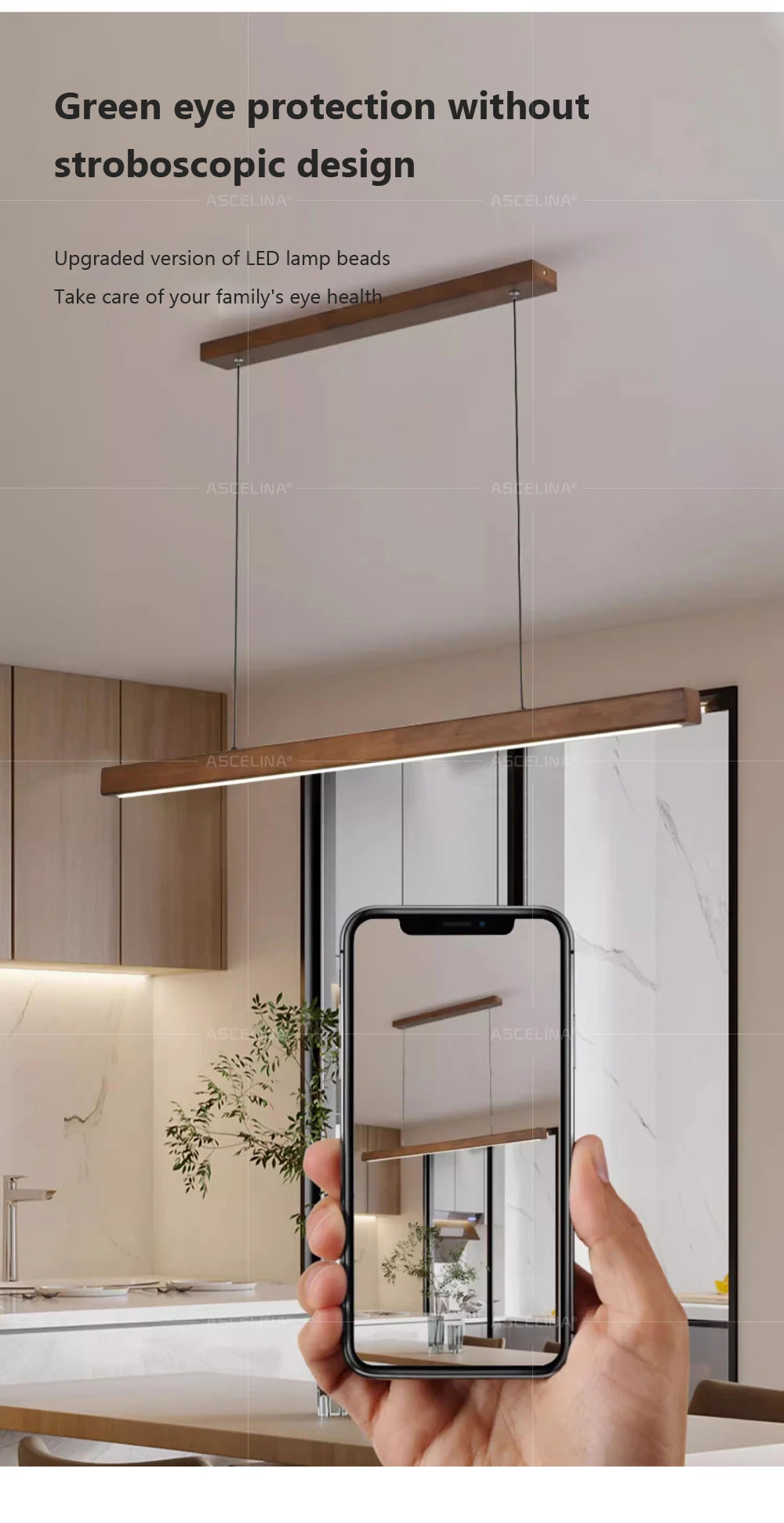 LED hanglamp - lange houten strip - keukeneilandverlichting