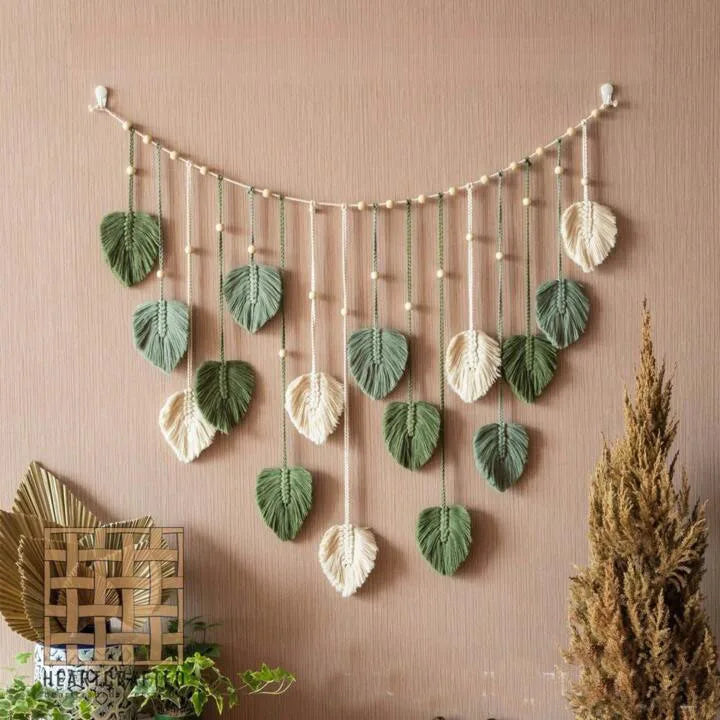 Boho Macramé Wanddecoratie met Bladeren – 120 × 75 cm