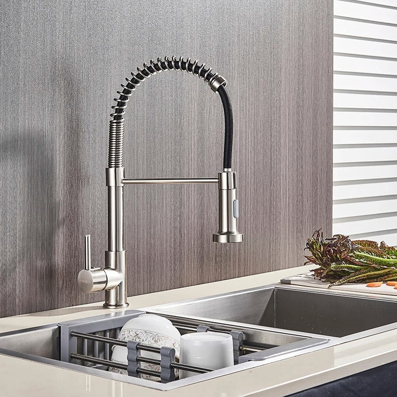 Küchenarmatur mit ausziehbarer Handbrause Spiralsprühkopf - Küchenmischbatterie aus Messing