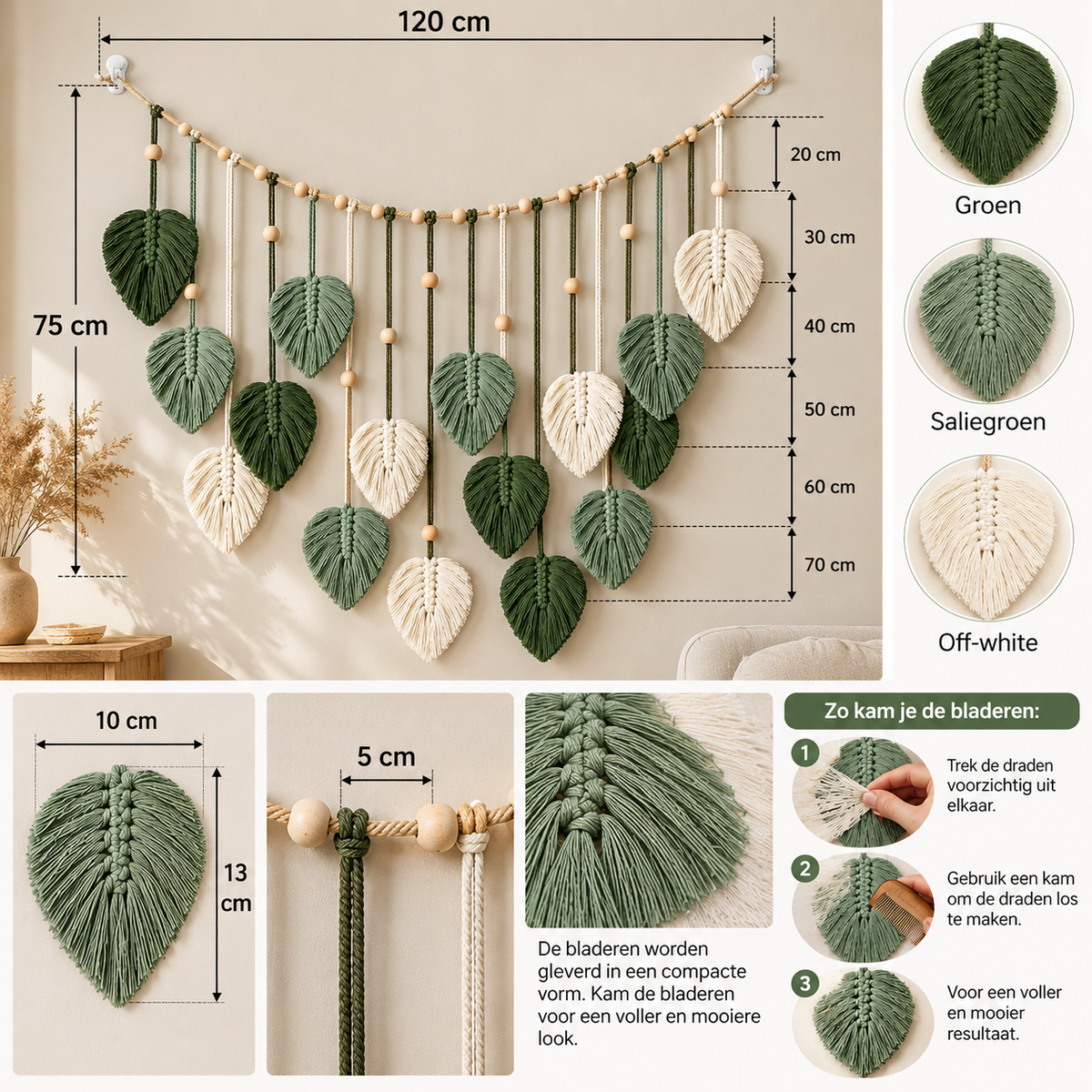 Boho Macramé Wanddecoratie met Bladeren – 120 × 75 cm