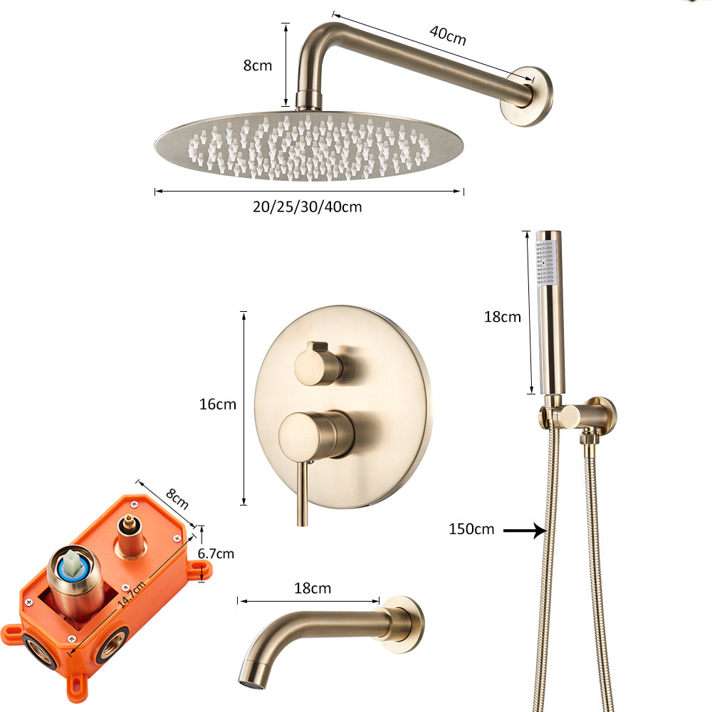 Einbauregendusche-Set mit Handbrause - Messing-Duscharmatur gebürstetes Gold