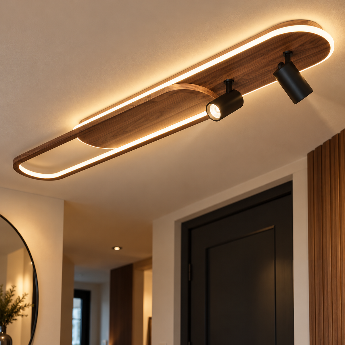 Lineair LED-plafondlicht met walnootafwerking en spot