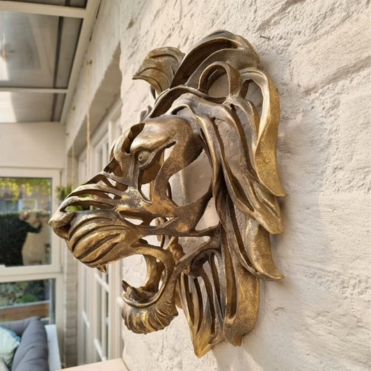 Decoración de cabeza de león para decoración de paredes al aire libre.