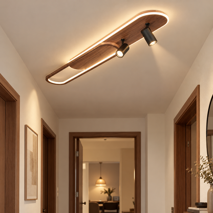 Lineair LED-plafondlicht met walnootafwerking en spot