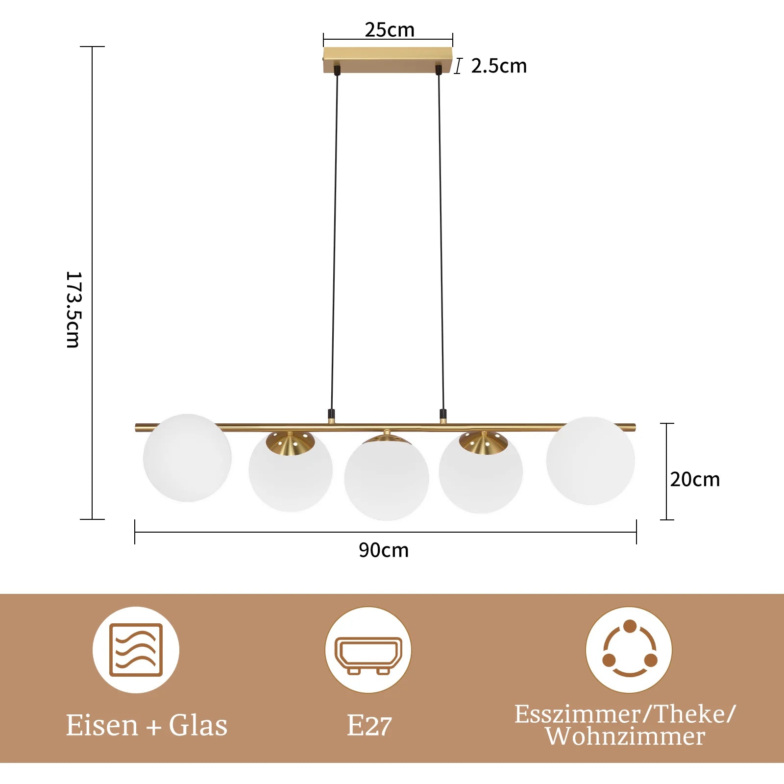 5-Flame Glass Ball Pendant Light – Adjustable Height | Black or Gold