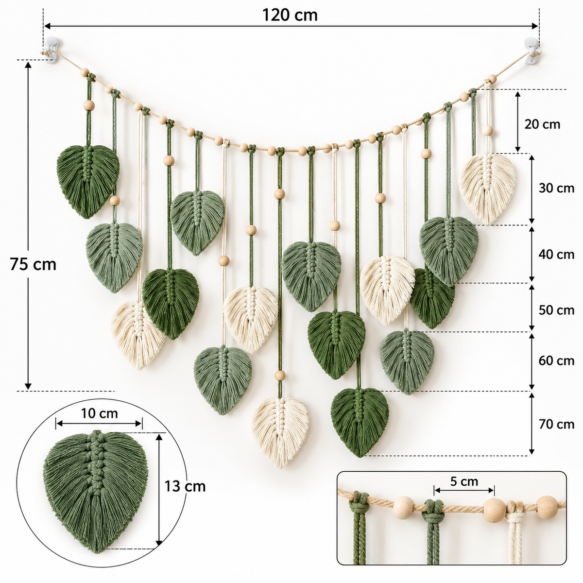 Boho Macramé Wanddecoratie met Bladeren – 120 × 75 cm