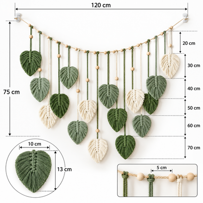Boho Macramé Wanddecoratie met Bladeren – 120 × 75 cm