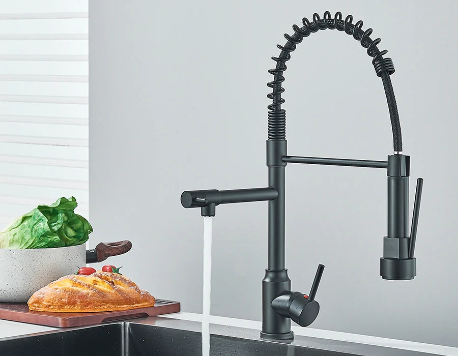 Dual Spout Kitchen Faucet with Pull-Out Spring Sprayer – Chrome | Mixer Tap