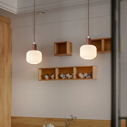Melkglazen LED Hanglamp met Houten Pendel