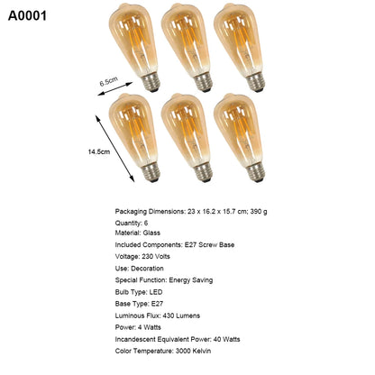E27 LED Edison-lamp 4W Vintage Retro Filamentlamp ST64 Amberkleurig glas Warm wit 3000K 430LM Energiebesparende decoratieve lamp met antieke schroefvoet