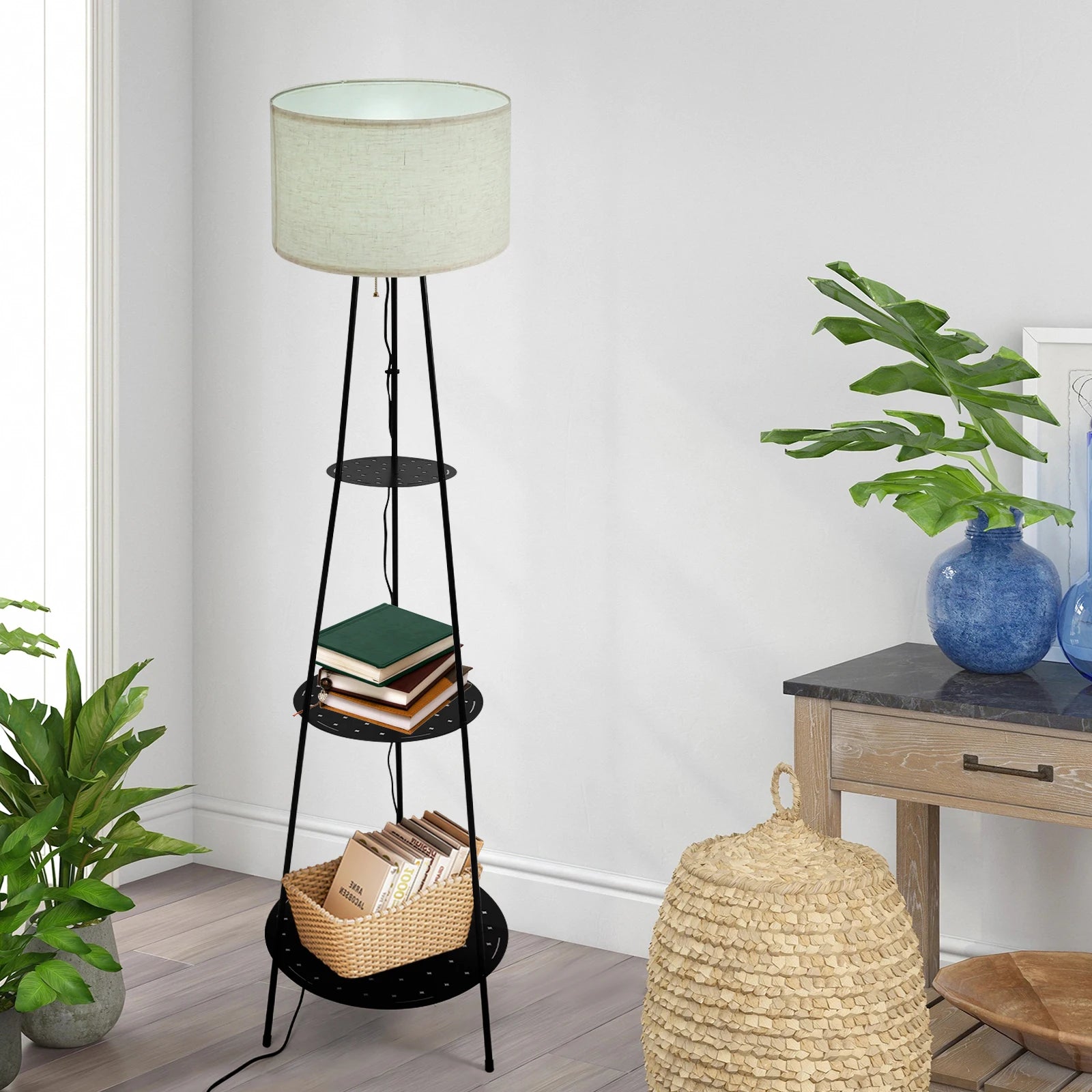 Moderne staande lamp met 3-laags plank - E27 staande lamp met opbergruimte