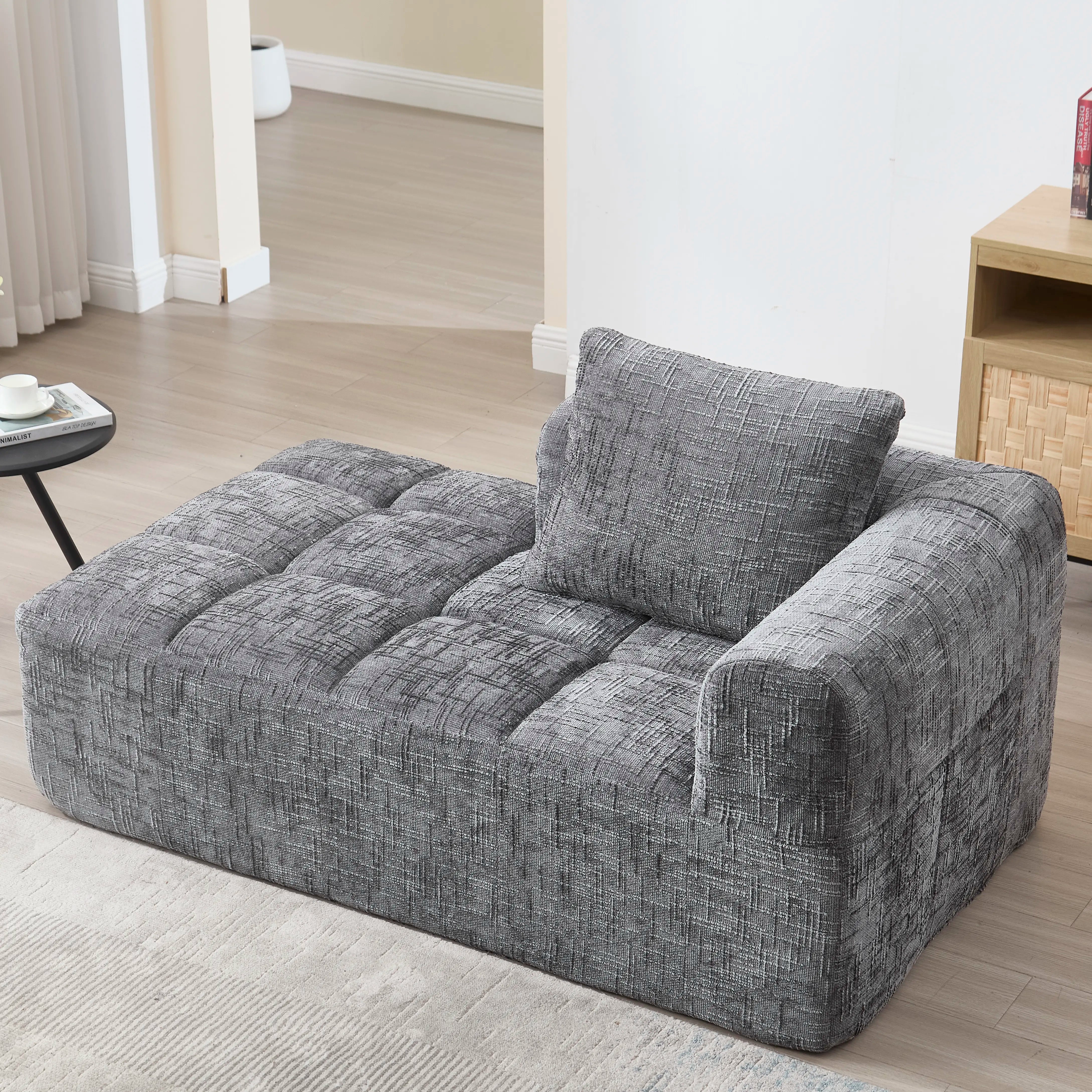 Luxe beige chenille chaise longue bank - 2-zits met opbergvakken 