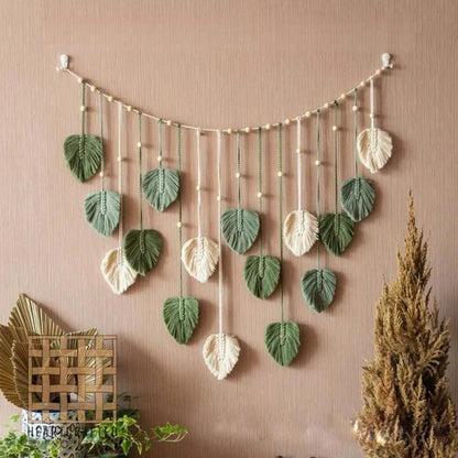 Boho Macramé Wanddecoratie met Bladeren – 120 × 75 cm