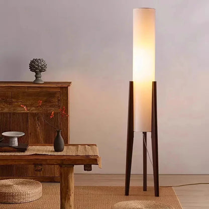 Japanse retro vloerlamp van massief hout - staande lamp met stoffen lampenkap