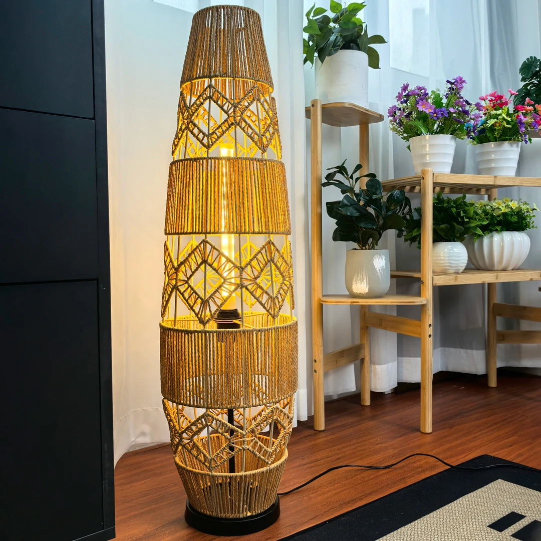 Boho rotan vloerlamp, handgeweven met LED-lichtbalk - leeslamp voor in de hoek