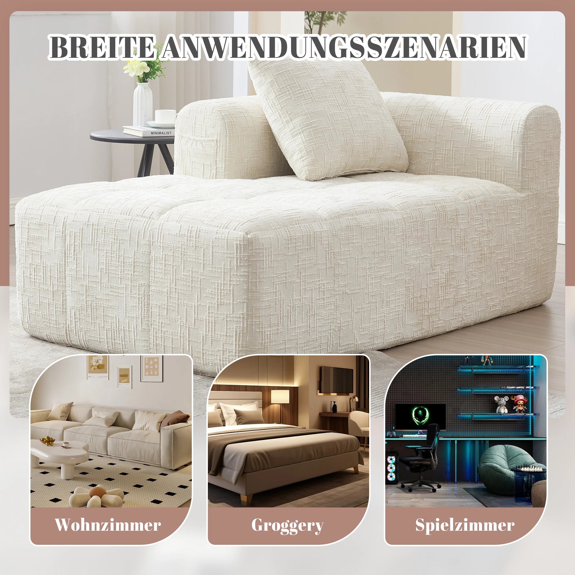 Luxe beige chenille chaise longue bank - 2-zits met opbergvakken 