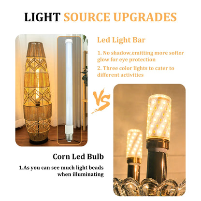 Boho rotan vloerlamp, handgeweven met LED-lichtbalk - leeslamp voor in de hoek