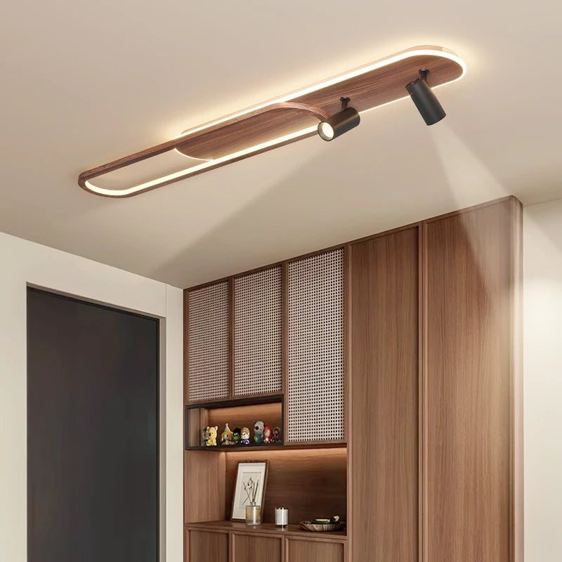 Lineair LED-plafondlicht met walnootafwerking en spot