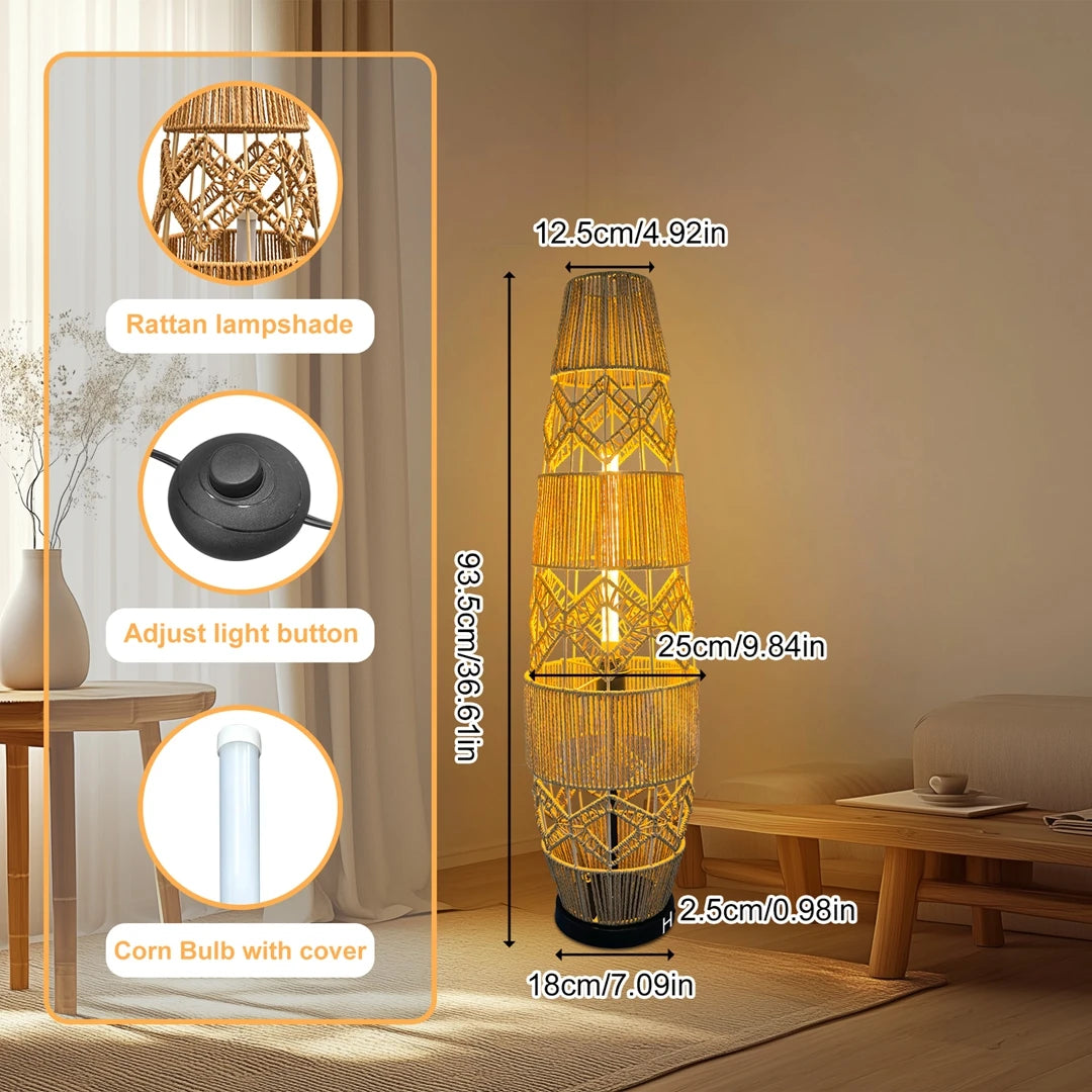 Boho rotan vloerlamp, handgeweven met LED-lichtbalk - leeslamp voor in de hoek