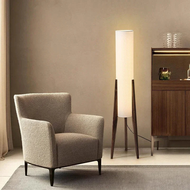 Japanse retro vloerlamp van massief hout - staande lamp met stoffen lampenkap