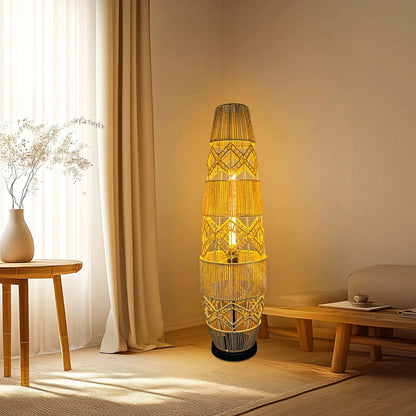 Boho rotan vloerlamp, handgeweven met LED-lichtbalk - leeslamp voor in de hoek