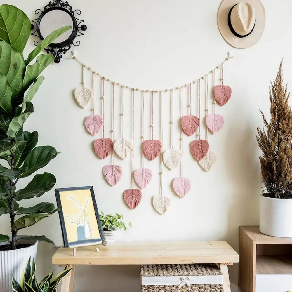 Boho Macramé Wanddecoratie met Bladeren – 120 × 75 cm