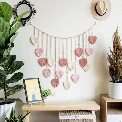Boho Macramé Wanddecoratie met Bladeren – 120 × 75 cm