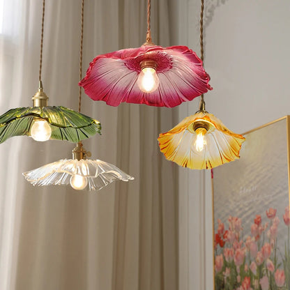 Bloemen glazen hanglamp - koperen plafondkroonluchter