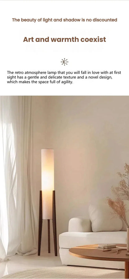 Japanse retro vloerlamp van massief hout - staande lamp met stoffen lampenkap