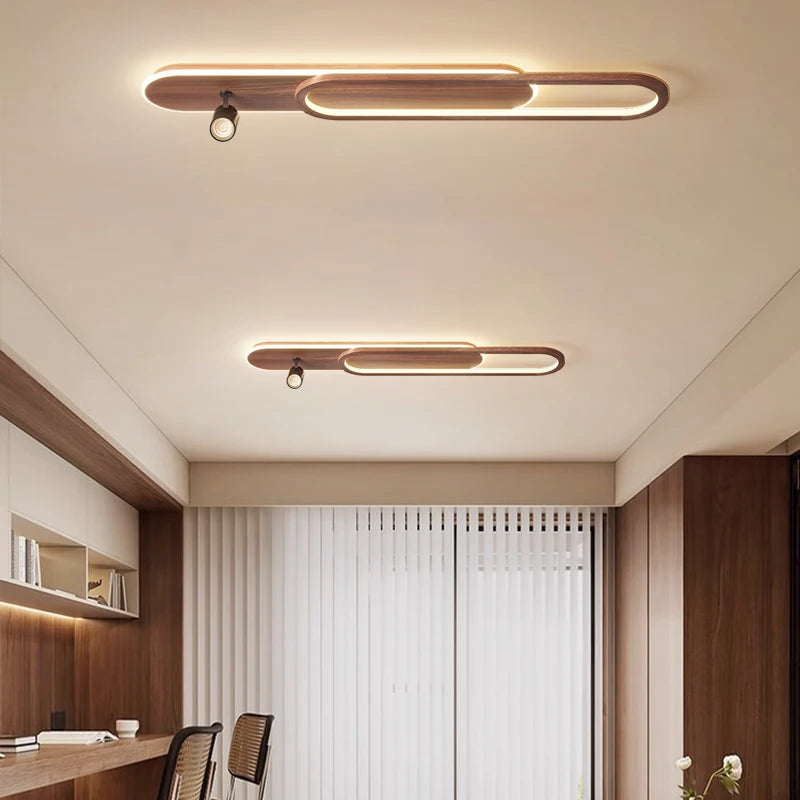 Lineair LED-plafondlicht met walnootafwerking en spot