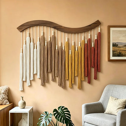 Groene macramé wanddecoratie met kwastjes – 70 × 80 cm