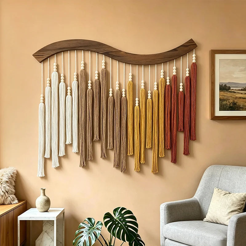 Groene macramé wanddecoratie met kwastjes – 70 × 80 cm