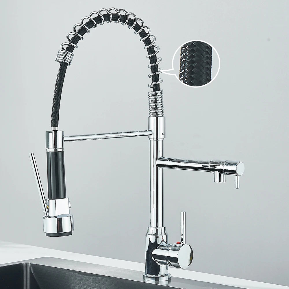 Dual Spout Kitchen Faucet with Pull-Out Spring Sprayer – Chrome | Mixer Tap