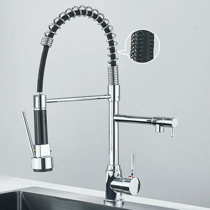 Dual Spout Kitchen Faucet with Pull-Out Spring Sprayer – Chrome | Mixer Tap
