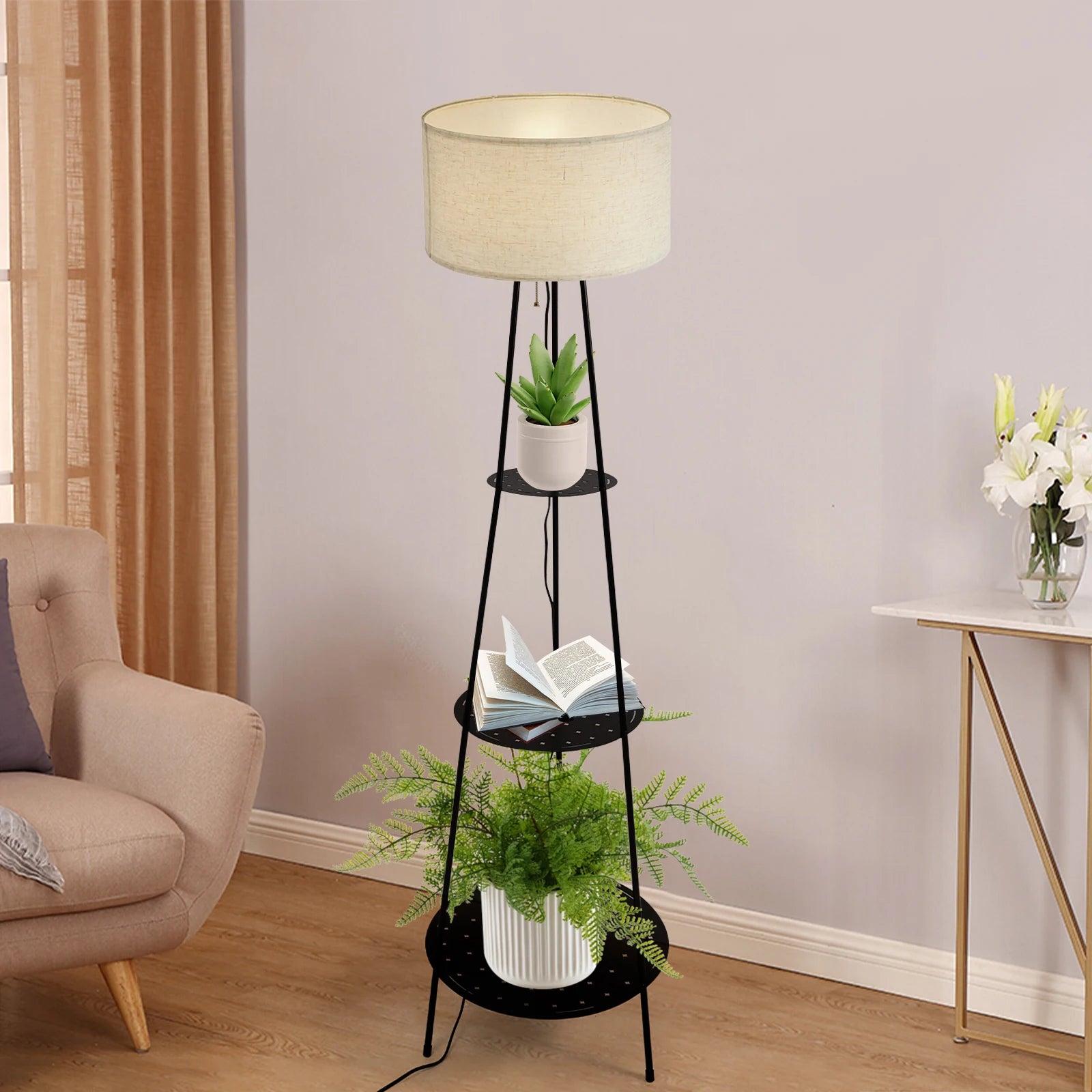 Moderne staande lamp met 3-laags plank - E27 staande lamp met opbergruimte