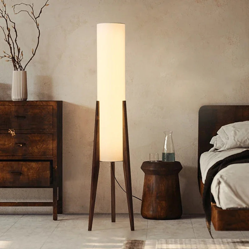 Japanse retro vloerlamp van massief hout - staande lamp met stoffen lampenkap